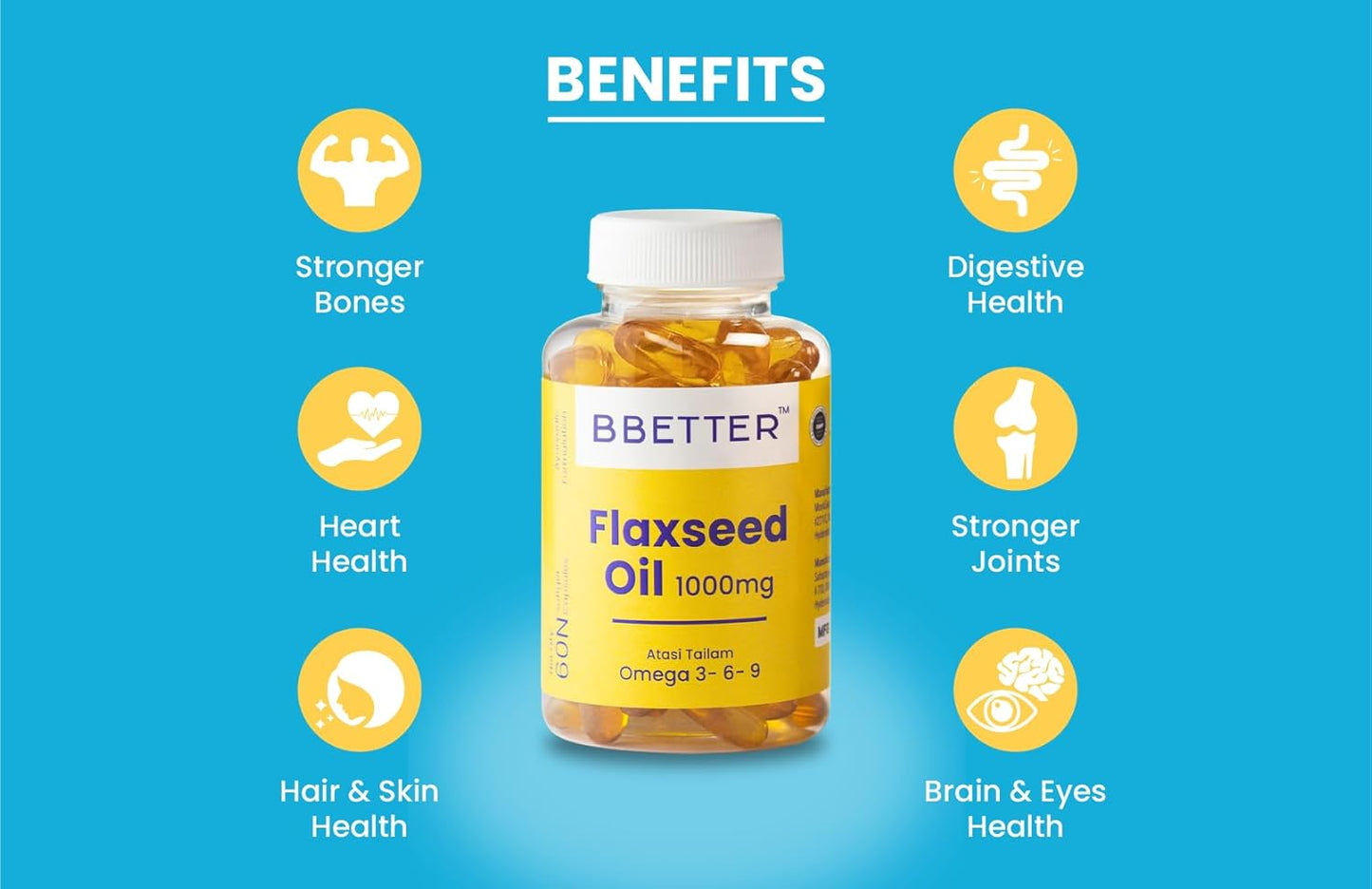 BBETTER Flaxseed Oil Softgels | Omega 3 6 9 Vegetarian Capsules for a Healthy Heart & Brain | 1000mg Flaxseed Oil capsules | No Fish Oil Used | 60 Capsules