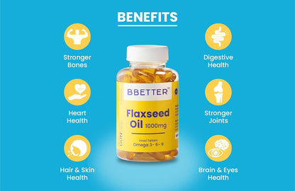 BBETTER Flaxseed Oil Softgels | Omega 3 6 9 Vegetarian Capsules for a Healthy Heart & Brain | 1000mg Flaxseed Oil capsules | No Fish Oil Used | 60 Capsules