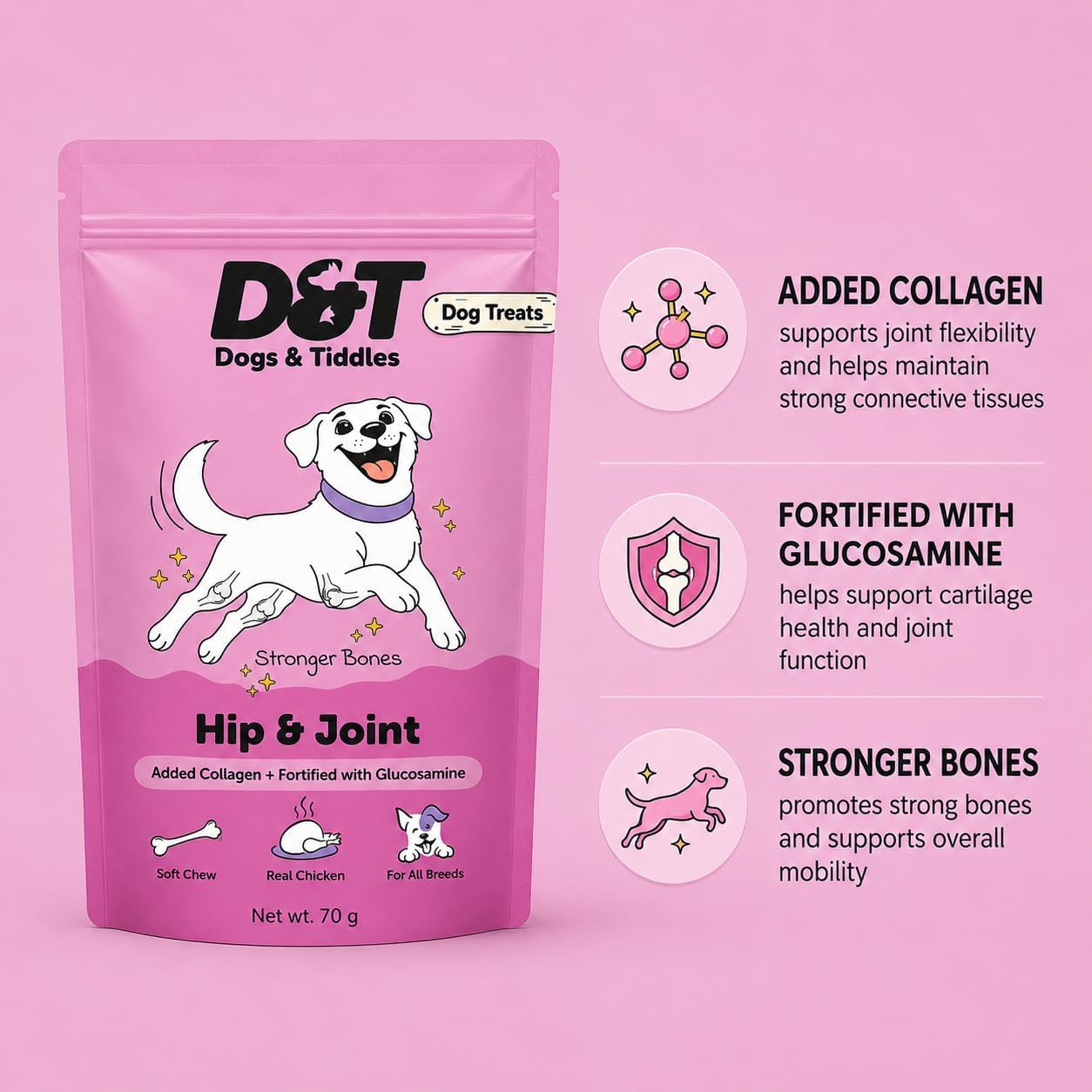 Dogs & Tiddles Hip & Joint Dog Treats for Puppies & Adult Dogs, 70g | Soft & Chewy Real Chicken Treats | with Collagen, Glucosamine & Chondroitin | Supports Mobility