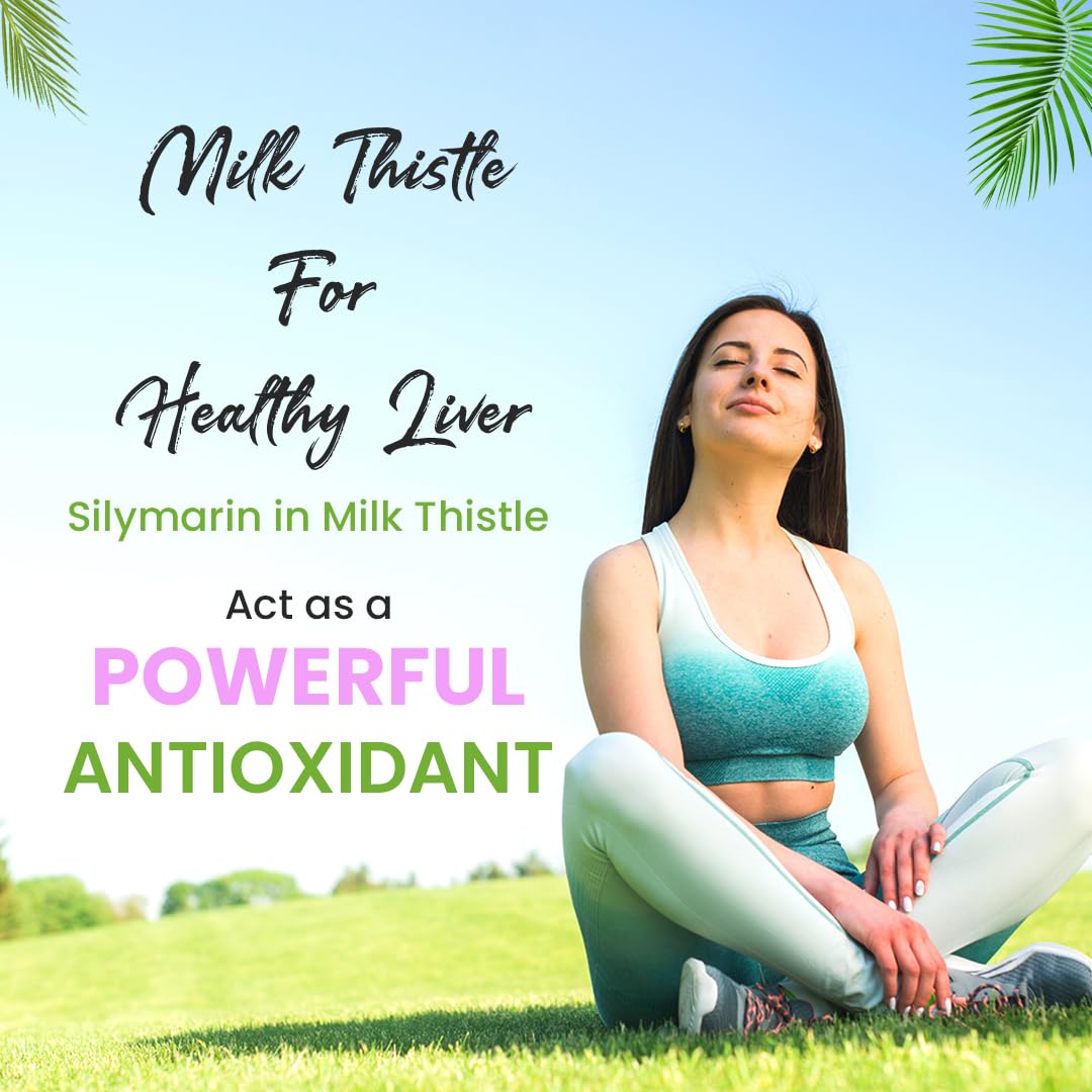Woman sitting on grass with text about Milk Thistle for a healthy liver and antioxidants.