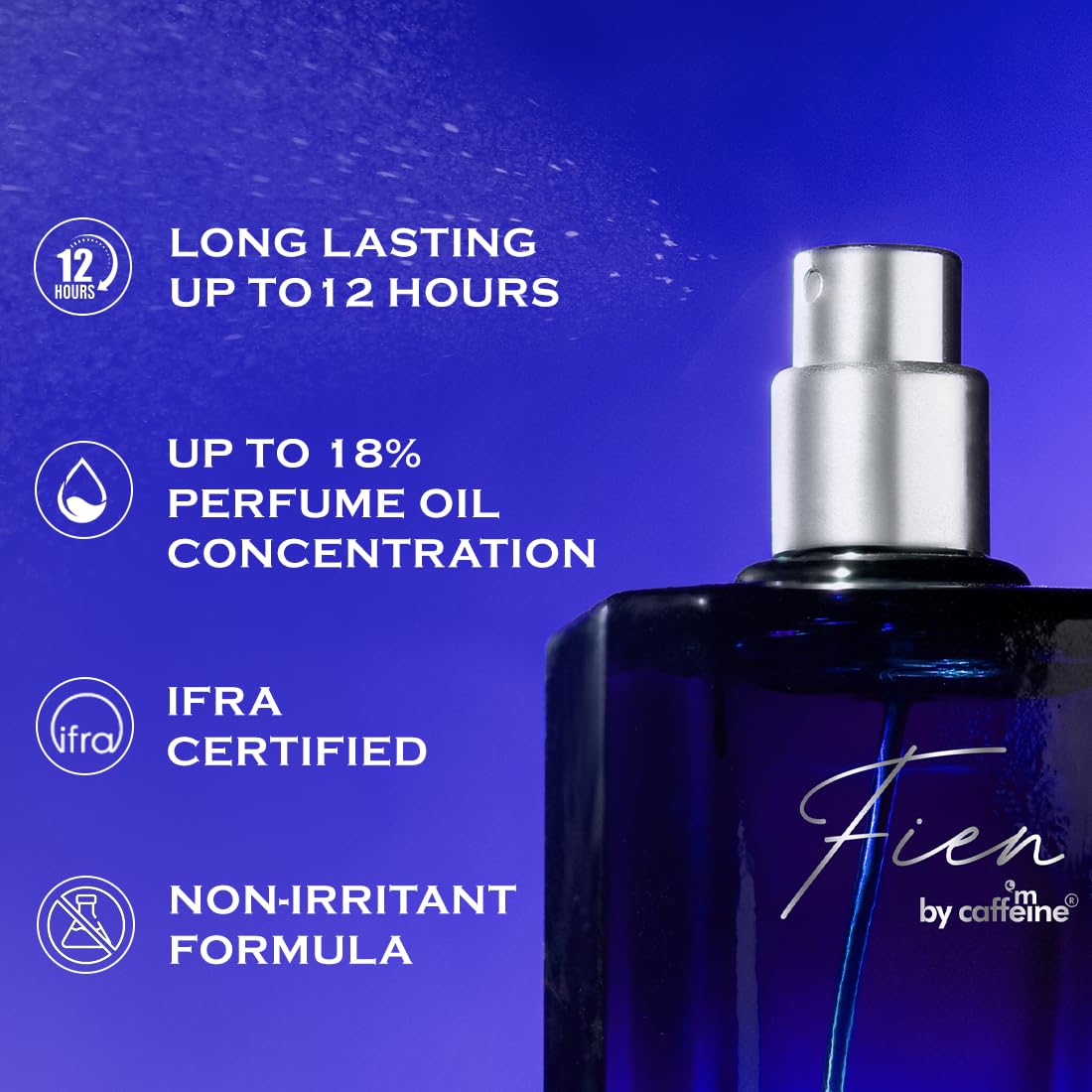 Perfume bottle with product features on a blue background