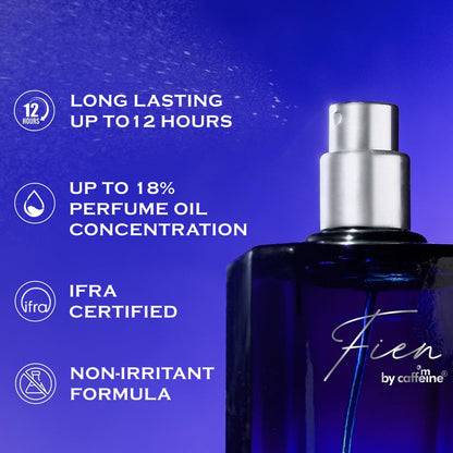 Perfume bottle with product features on a blue background
