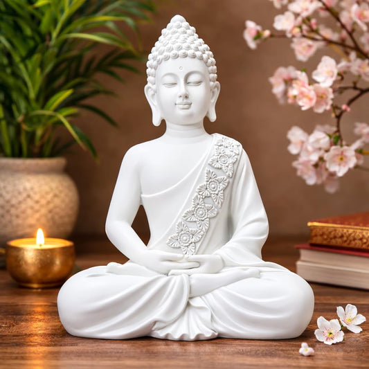 Buddha Idol for Home Decor | White Gautam Buddha Statue Showpiece for Living Room, Office & Temple | Resin Shakyamuni Buddha Figurine | Housewarming Gift (White |10 inch)