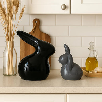 Home Décor Ceramic Rabbit Figurines (Set of 2, Black and Grey)