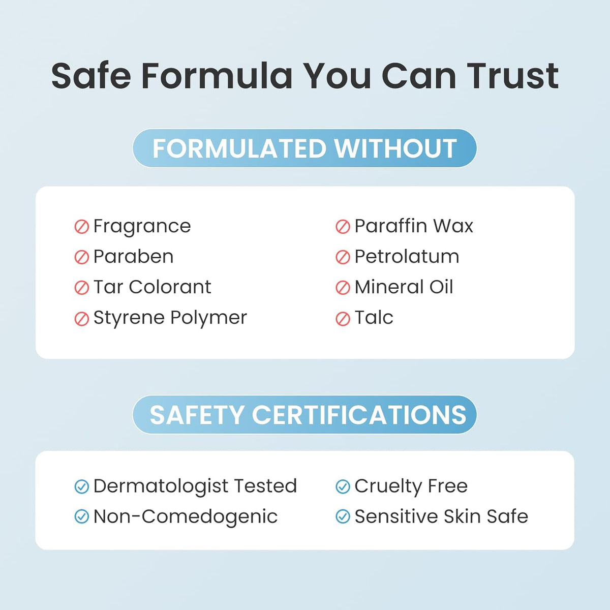 Product safety certification and formulation information on a light blue background