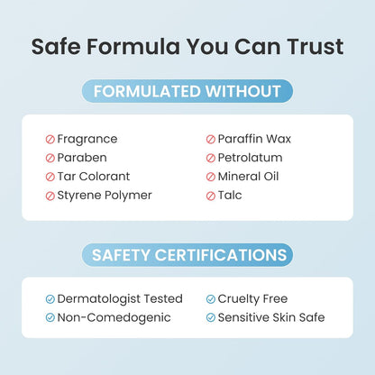 Product safety certification and formulation information on a light blue background