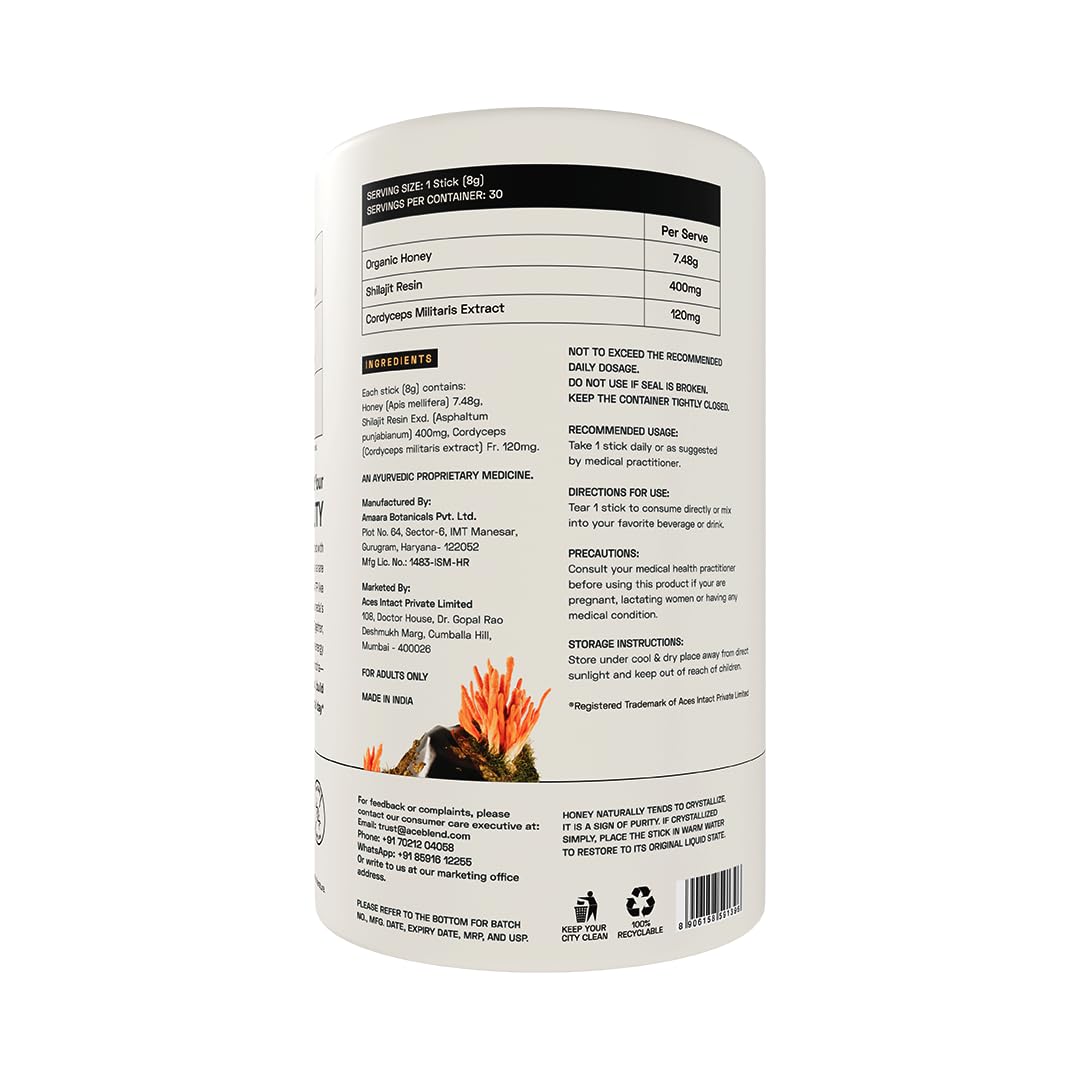 Ace Blend 400mg TRUBLK Shilajit Sticks (30 Servings) | 120mg Cordyceps Mushroom & Organic Honey | Over 75% Fulvic Acid & 80+ Trace Minerals | For Strength & Performance | High Absorption | Men & Women