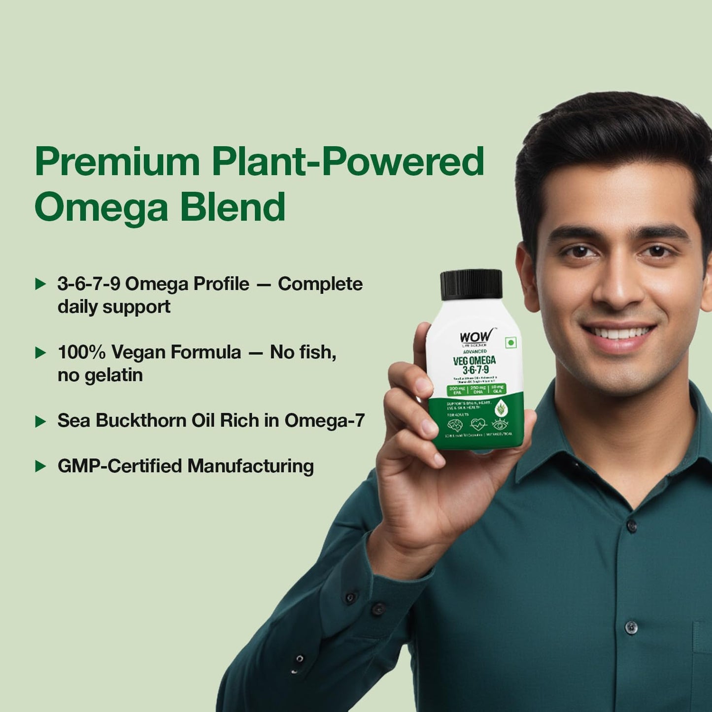 WOW Life Science Advanced Veg Omega 3-6-7-9 | Plant-Based EPA & DHA from Algal Oil + GLA from Evening Primrose | Sea Buckthorn Oil + Astaxanthin + Vitamin D3 (Veg) & Vitamin E | Brain Focus, Heart Health, Eye Support, Skin Hydration | 60 Capsules