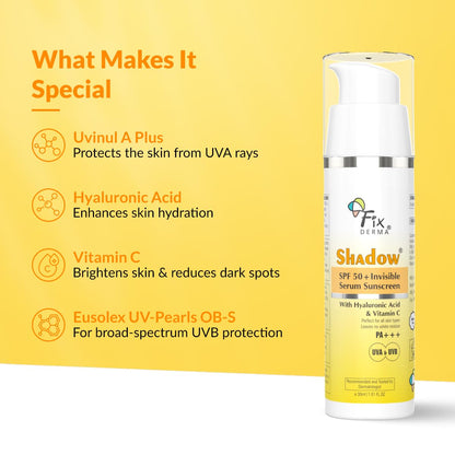 FIXDERMA Shadow Invisible Serum Sunscreen SPF 50+ PA+++|Ultra Lightweight Transparent Sunscreen with Vitamin C & Hyaluronic Acid|No White Cast|For All Skin Types|For Men & Women|Airless Pump 30 ML