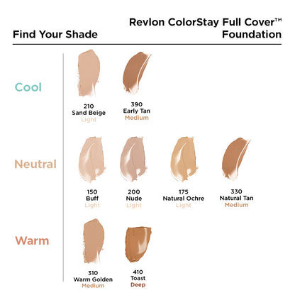 REVLON Colorstay Full Cover Foundation for woman, 24HRS Longwear + care, Vitamin E, Protects from Pollutions + Multimineral Powder, Sweat proof, Heat & Humidity Resistant, Natural Ochre (290)