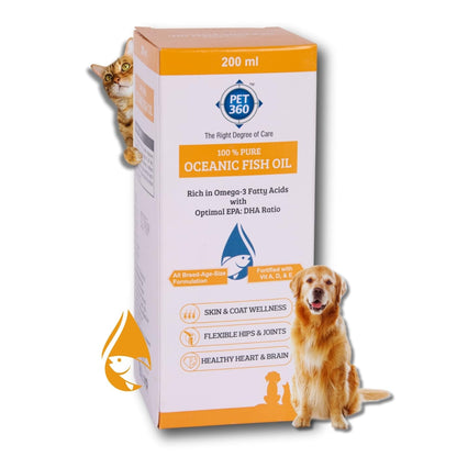 PET360 Oceanic Sardine Fish Oil for Dogs & Cats | Promotes Heart, Brain, Liver & Kidney Health | Reduced Hairfall, Shiny Coat | Omega 3, 6 & Vit. A, D, E| Nutritional Supplement for All Breeds- 200 ml