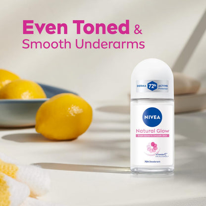 NIVEA Natural Glow Smooth Skin Deodorant Underarm Roll On For Women|Vitamin C,Vitamin E,Avocado Oil And Licorice Extract|72 H Even Toned,Smooth & Bright Underarms|0% Alcohol And Dermat Approved|50 Ml