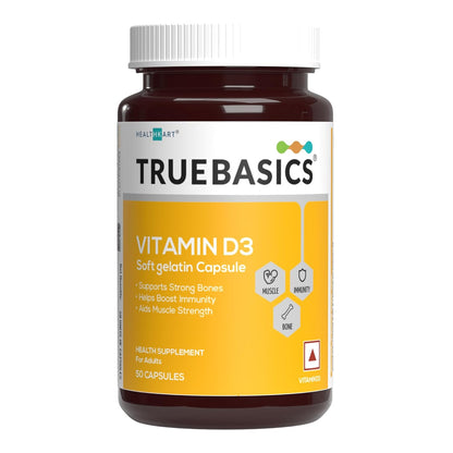TrueBasics Vitamin D3 supplement bottle on a white background