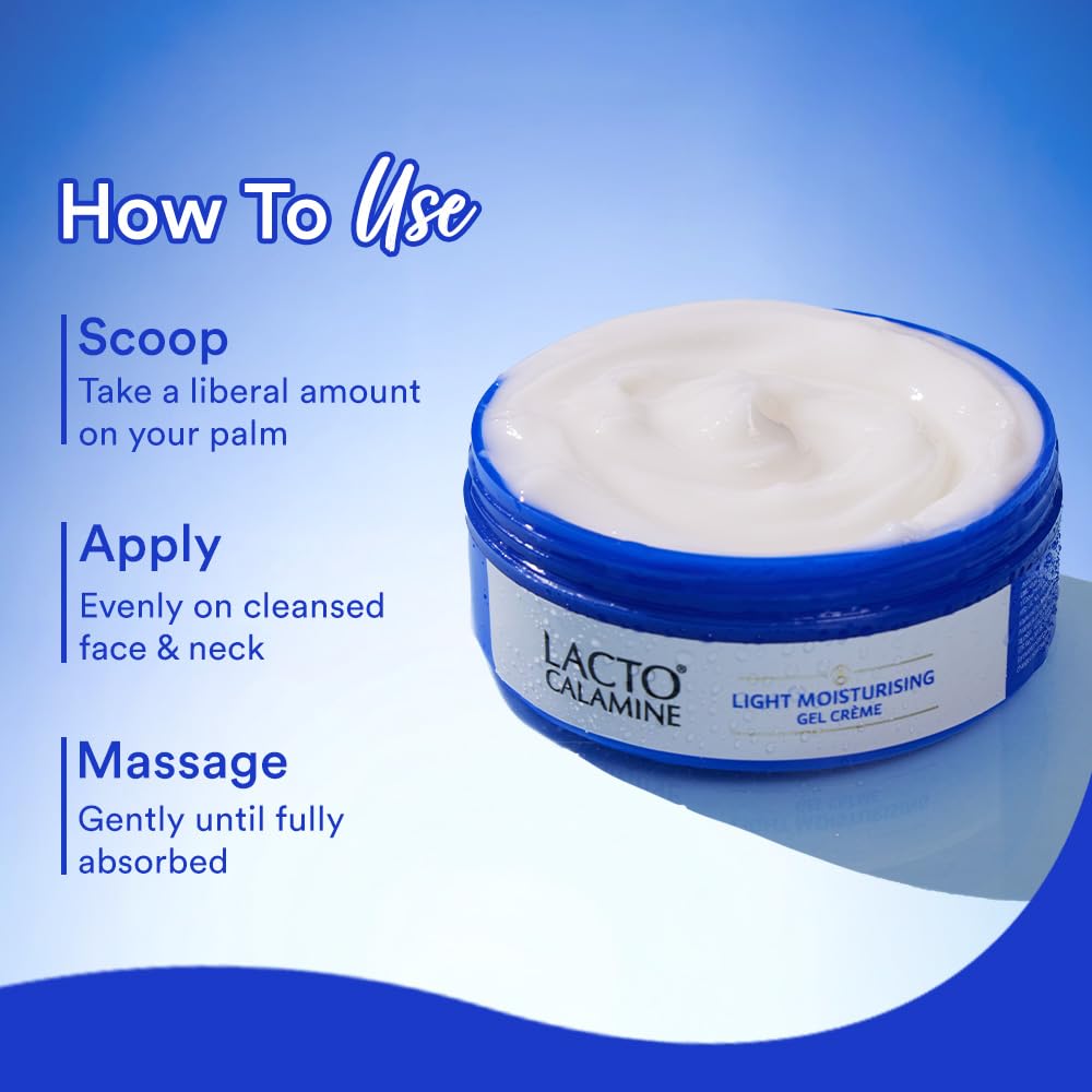 Lacto Calamine light moisturizing gel crème jar with usage instructions on a blue background