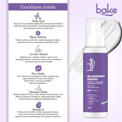 BAKE 100% Mineral Water Resistant Sunscreen SPF 70 PA+++ with 2% Kojic Acid, Alpha Arbutin & Niacinamide for Pigmentation, Dark Spots & Tan Removal | Broad Spectrum Sunscreen | Anti-Pigmentation, No Whitecast & Lightweight | 100g