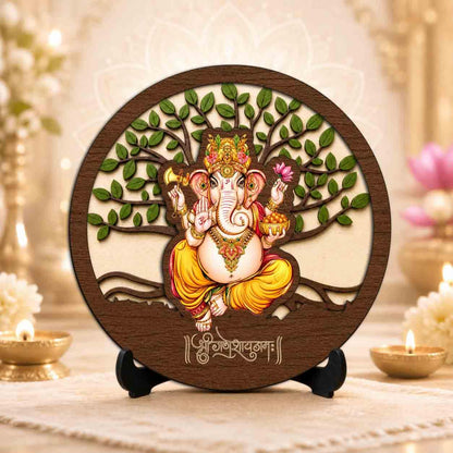 Plan To Gift Ganesh Ji Wooden Murti for Home Mandir, Prayer Room, Table Top Decor & Spiritual Gifting - 5x5 Inch