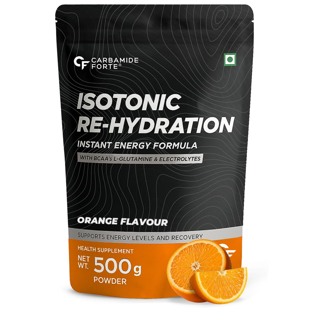 Carbamide Forte Isotonic Powder | Pre Workout Supplement For Men And Women| Instant Energy Drink for PreWorkout | Electrolytes Powder with added BCAA & L Glutamine - Orange Flavour - 500g (Pack of 1)