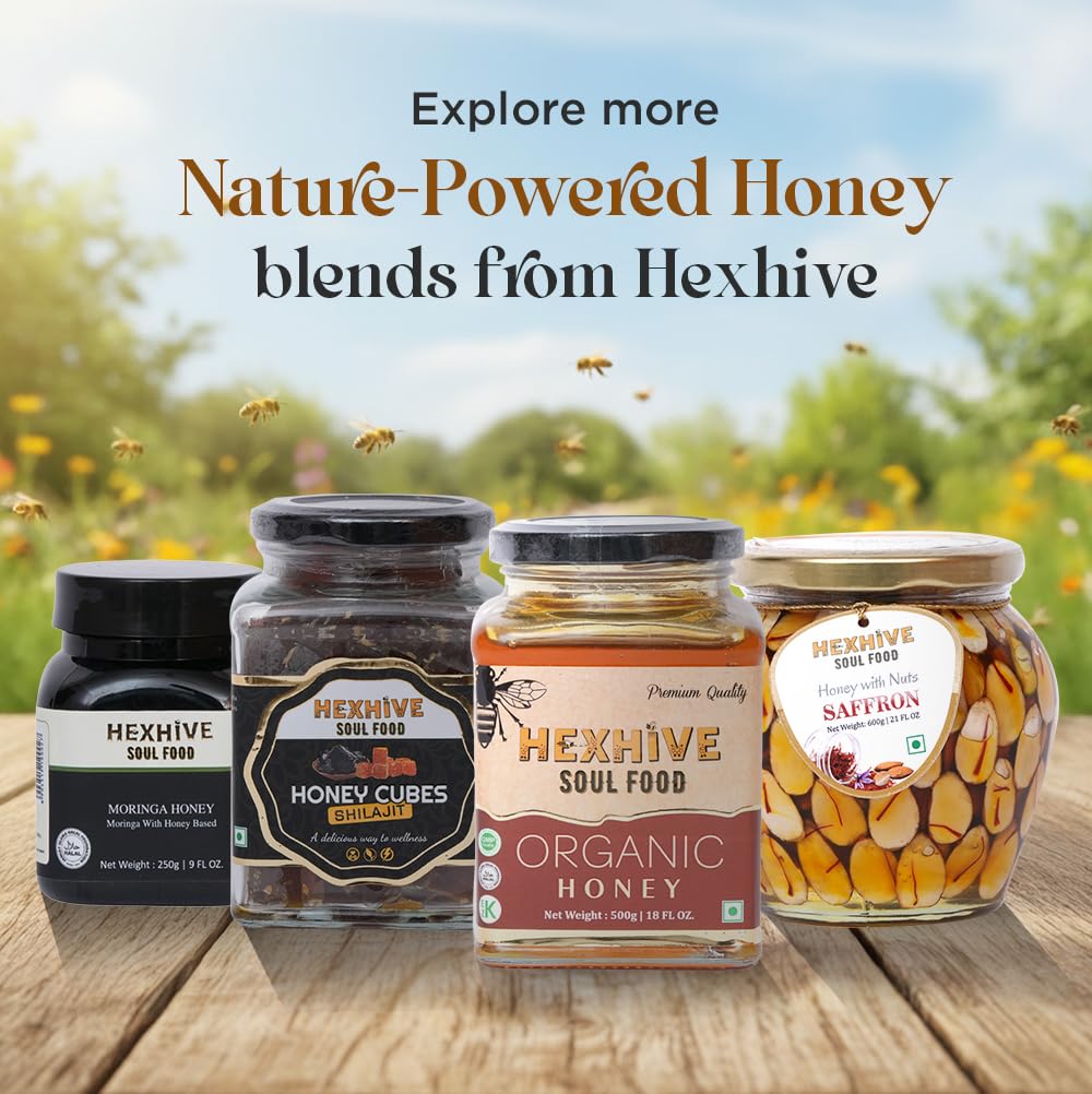 Hexhive honey products on a wooden table with a natural background