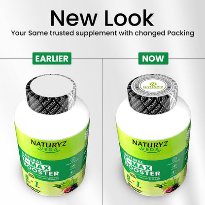 Comparison of Naturez Veda supplement packaging, earlier and now, on a white background.