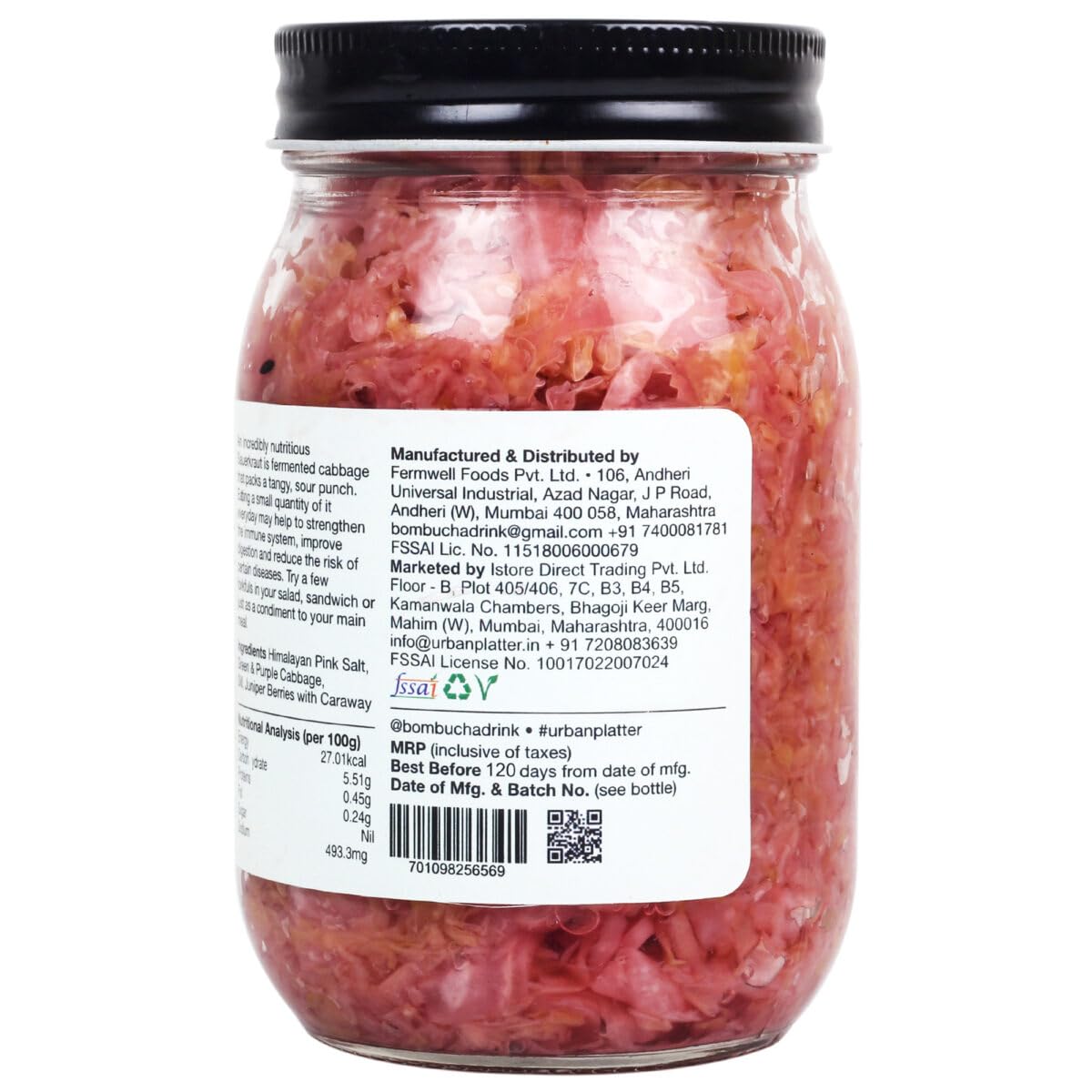 Urban Platter Sauerkraut Original Pickled Probiotic Cabbage, 450g / 15.8oz [Raw, Artisanal, Plant-Based, Preservative Free]