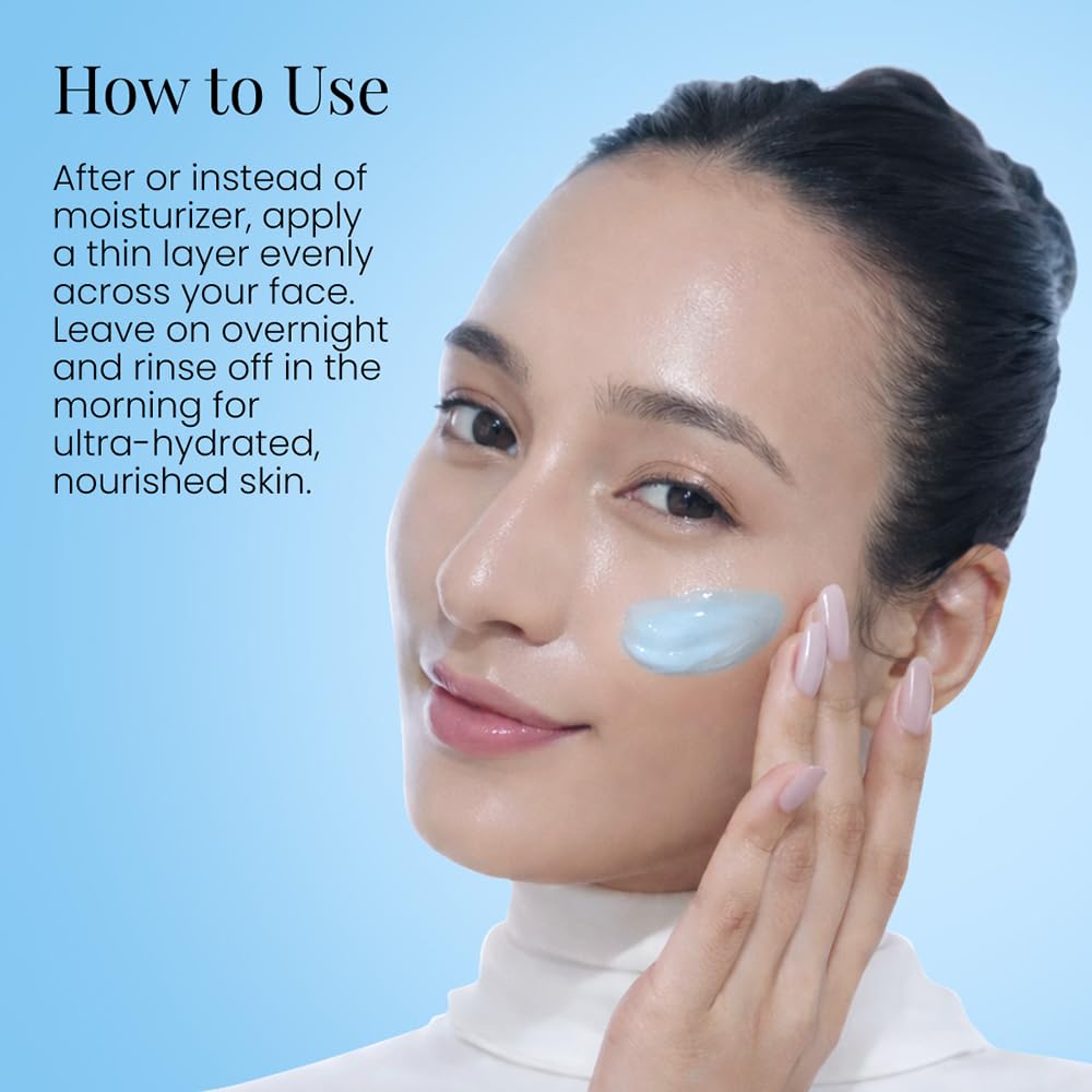 Woman applying a skincare product with text on how to use it against a blue background