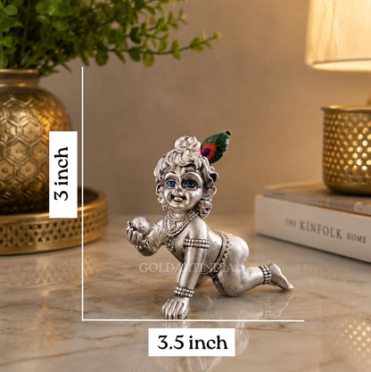 Gold Art India 999 Silver Plated Bal Krishna Idol (3.3 Inch) | Antique Matte Laddu Gopal Murti | Premium Peacock Green Velvet Gift Box | Krishna Idol for Home Temple, Office Decor & Spiritual Gifting
