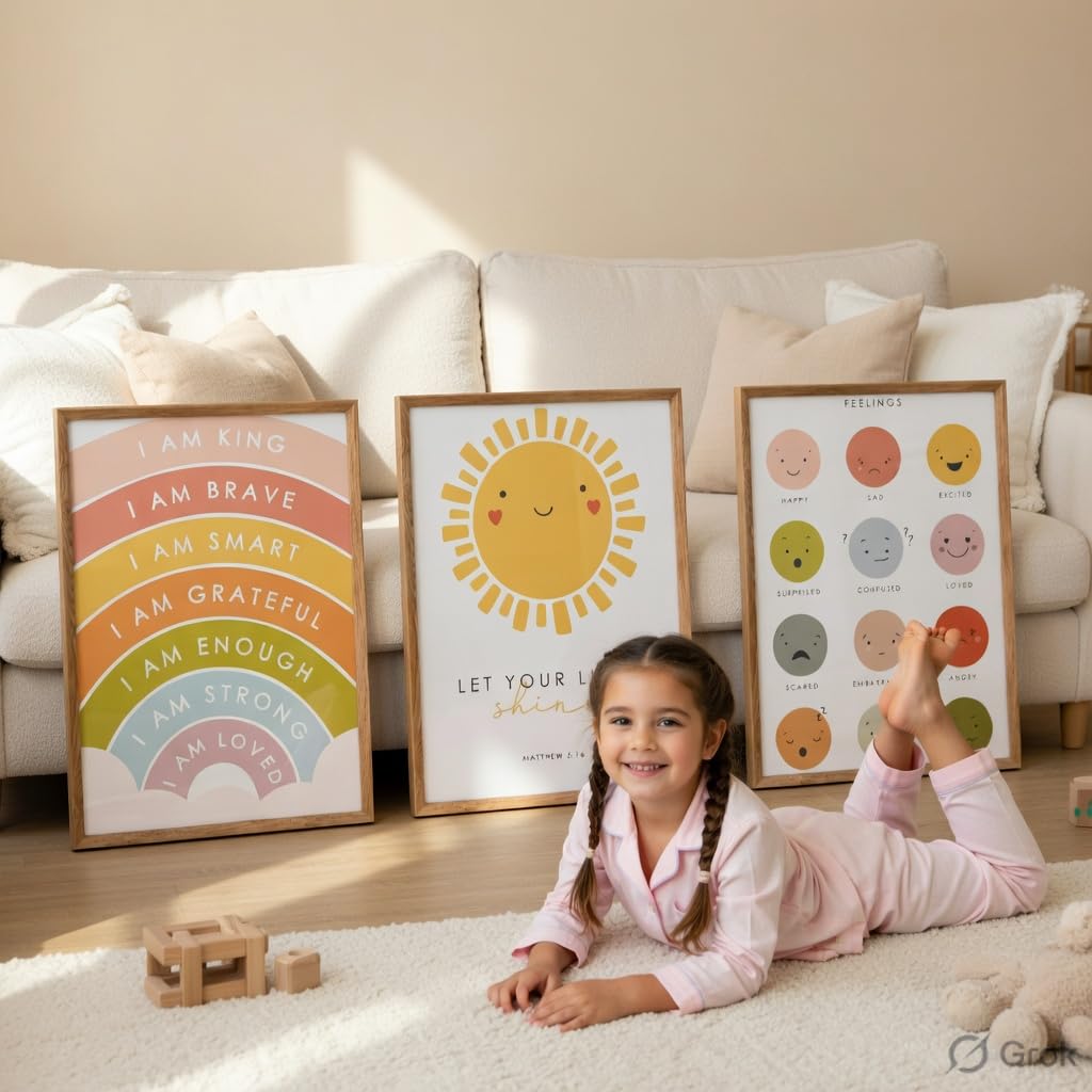 Kids Motivational Nursery Wall Painting Set of 3 with Wooden Frames | Rainbow Affirmation Sun Feelings Chart Kids Room Wall Art | HD Sparkle Printed MDF Nursery Wall Decor