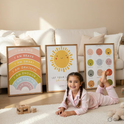 Kids Motivational Nursery Wall Painting Set of 3 with Wooden Frames | Rainbow Affirmation Sun Feelings Chart Kids Room Wall Art | HD Sparkle Printed MDF Nursery Wall Decor