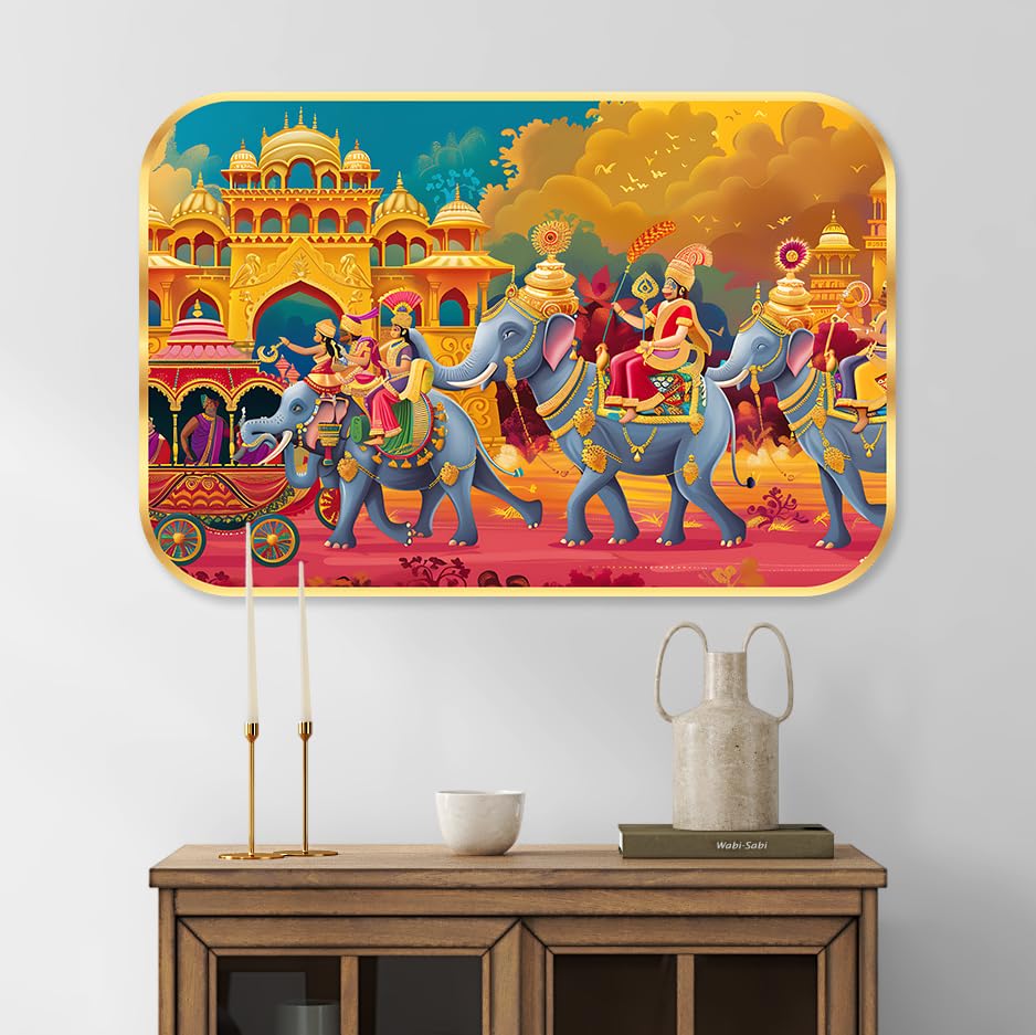 elephant modern art Premium Sparkle Lamination Finished Surface Golden Slim Frame 35 cm x 28 cm Large Size, For Home/Office/Hotel painting KG54