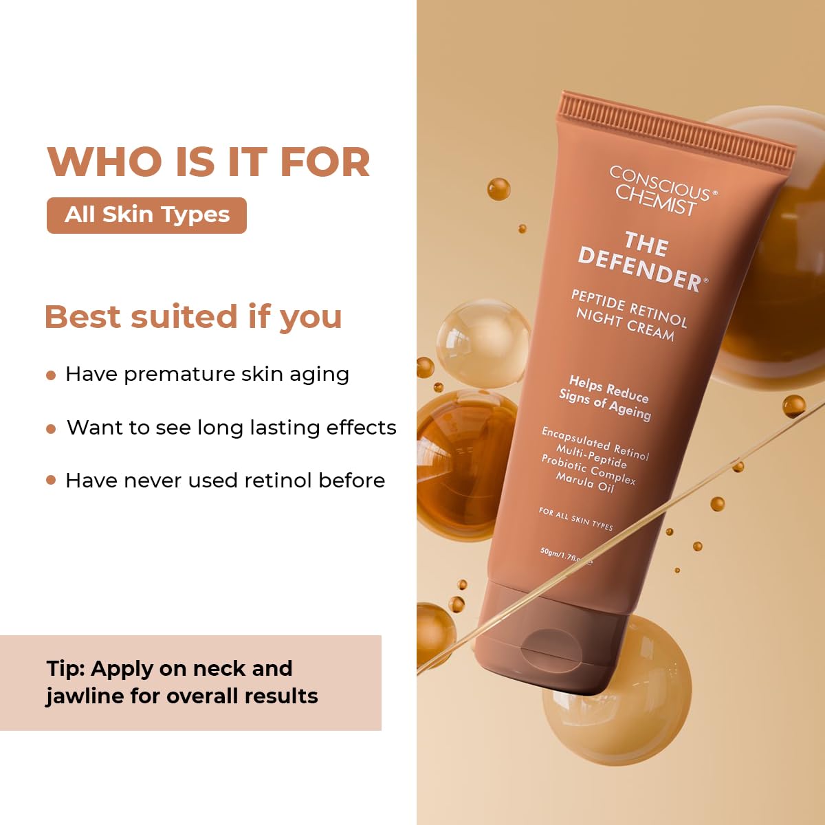 Conscious Chemist The Defender cream packaging with product description on a beige background