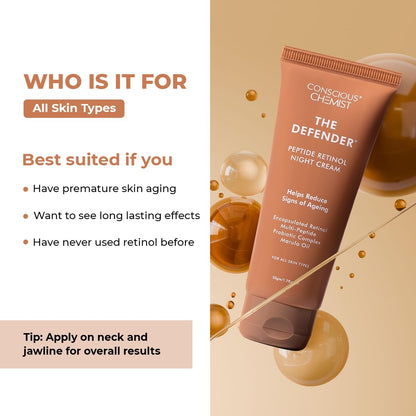 Conscious Chemist The Defender cream packaging with product description on a beige background