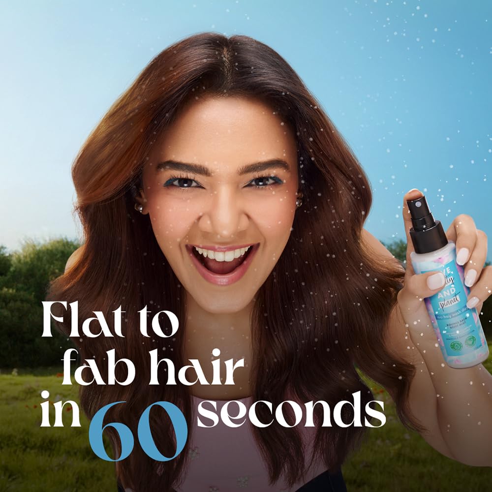 Woman holding a hair product with text 'Flat to fab hair in 60 seconds' against a natural background.