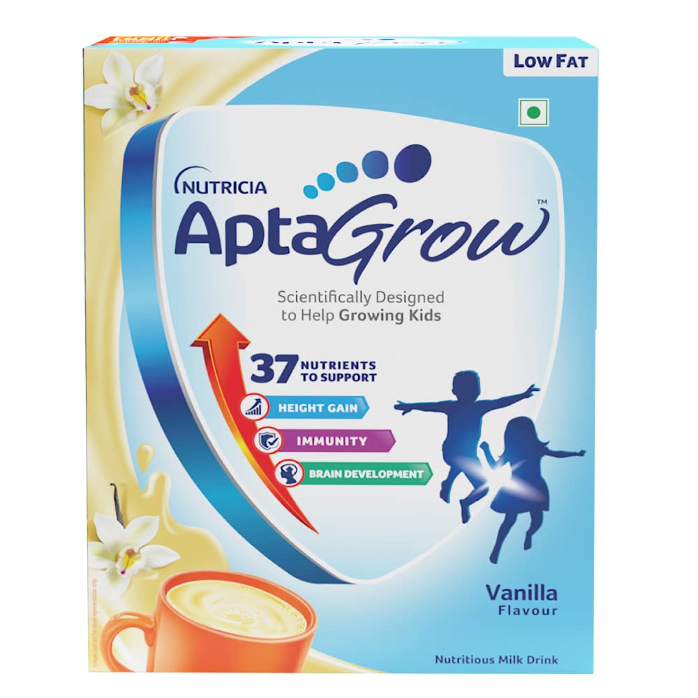 AptaGrow Milk Drink Powder for Kid s Height Gain, Immunity & Brain Development, Nutritious & Tasty Vanilla Flavor, 400g | 37 Nutrients | Prebiotics | Low Fat | Veg