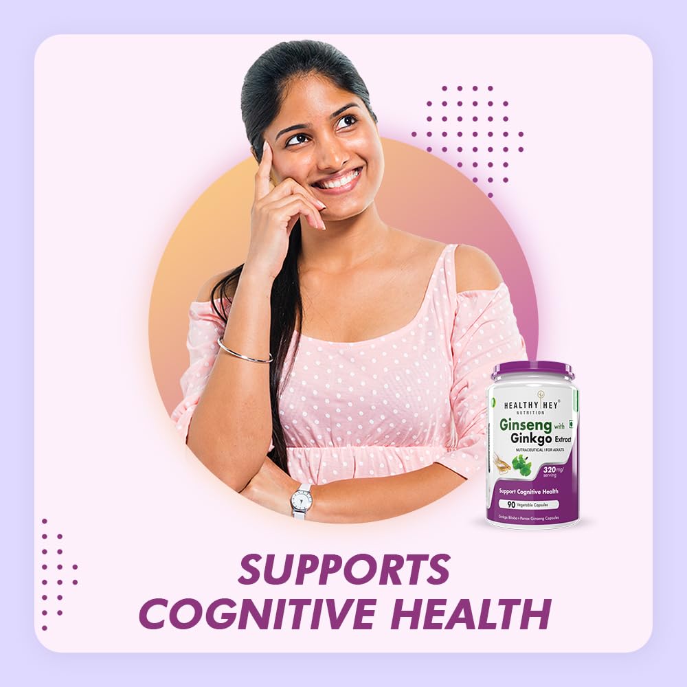 Woman with a thoughtful expression next to a bottle labeled 'Supports Cognitive Health' on a light purple background