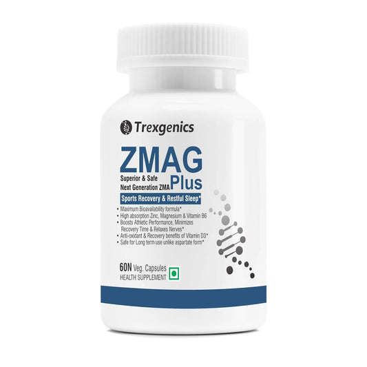 Trexgenics ZMAG PLUS Next Generation Sports Recovery, Restful Sleep complex with Bioactive Zinc & Magnesium Bisglycinate, Active B6 P5P & Vit. D3 Advanced, Bioavailable & Safe (60 Veg Capsules)