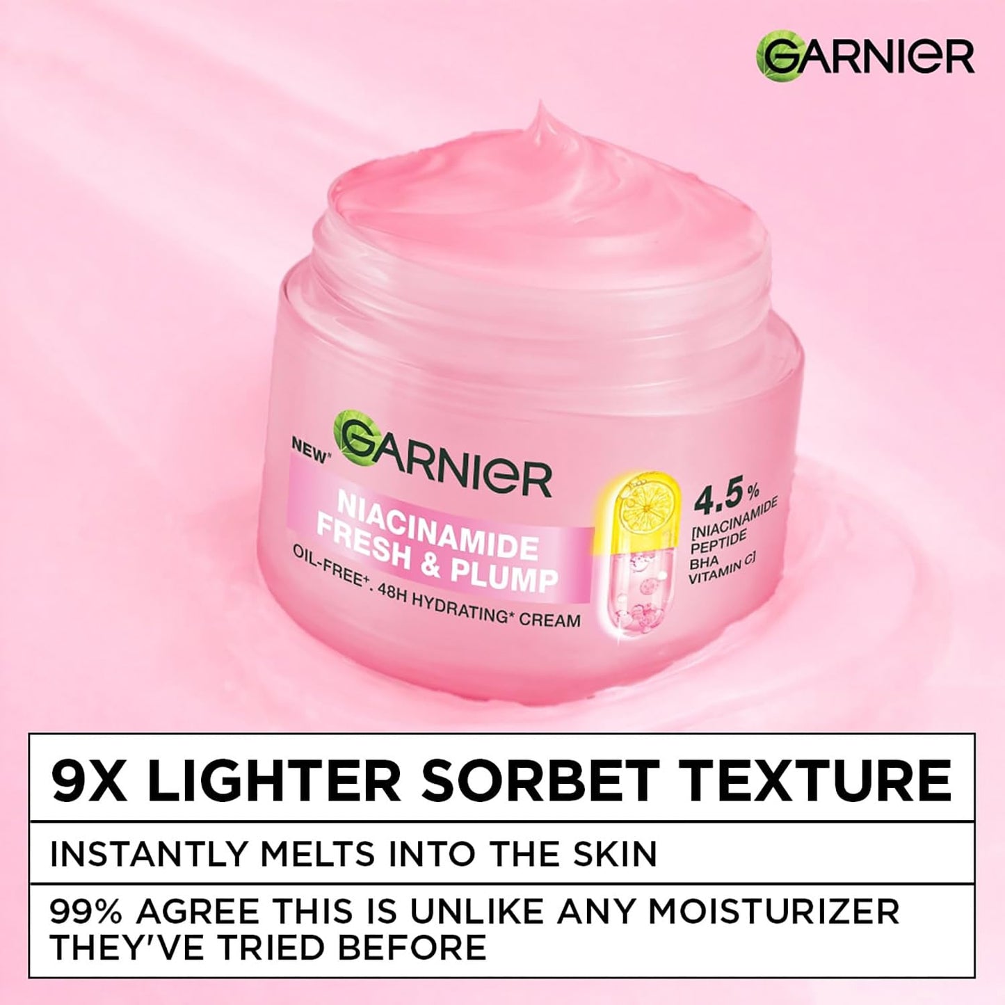 Garnier Niacinamide cream jar on a pink background with product details.