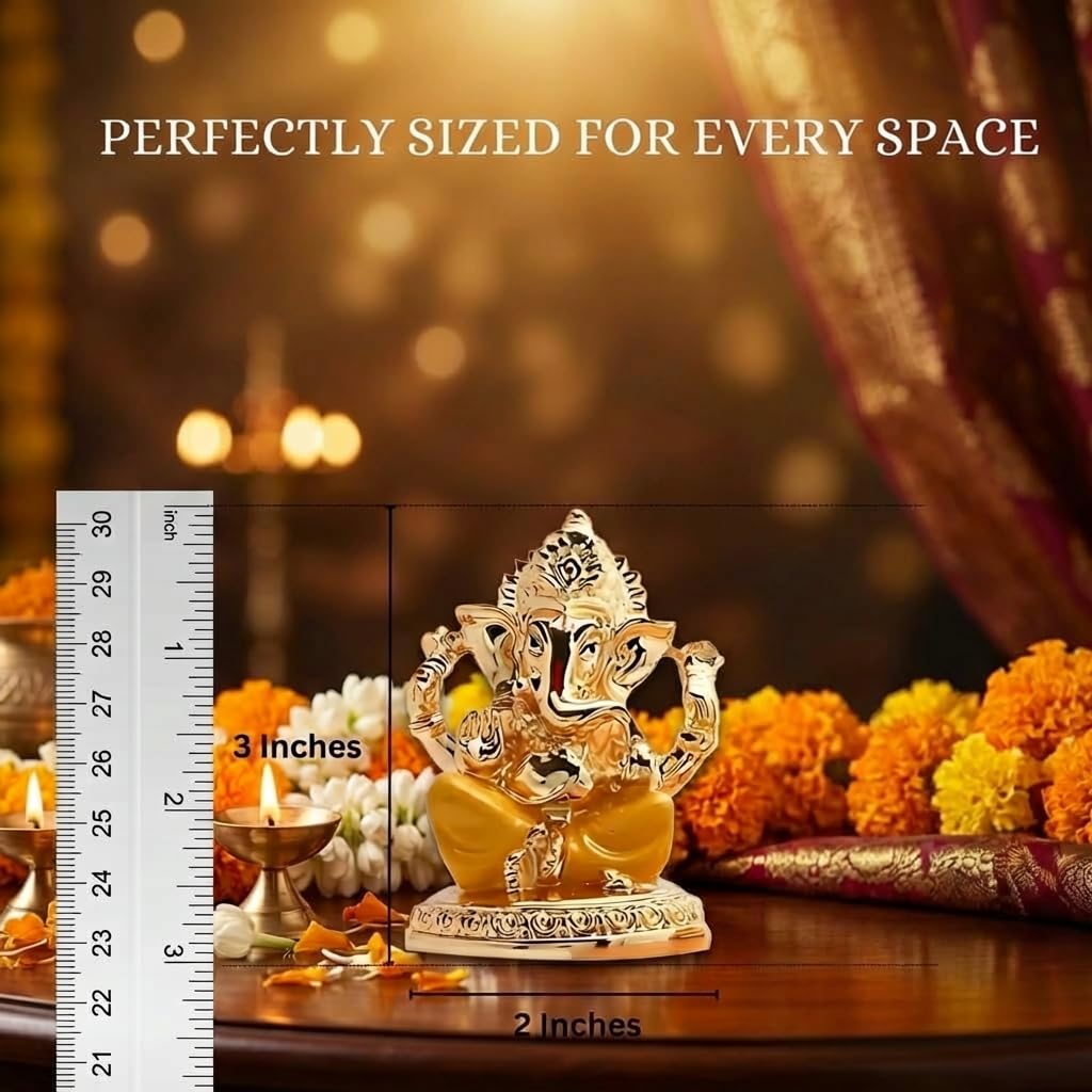 Gold Plated Ganesh Idol | Ganpati Murti for Car Dashboard, Office Desk, Hindu God Gift & Home Decor - Resin (Gold & Yellow)