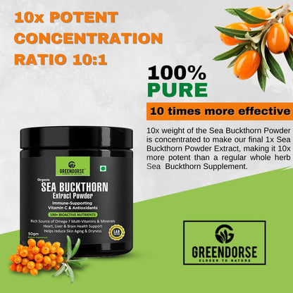 GREENDORSE Himalayan Sea Buckthorn (Omega-7) Extract Powder, SUPERFRUIT with 190+ Active Nutrients, Omega, Antioxidants Protection, Supports Brain, Liver & Heart Functioning- 50g