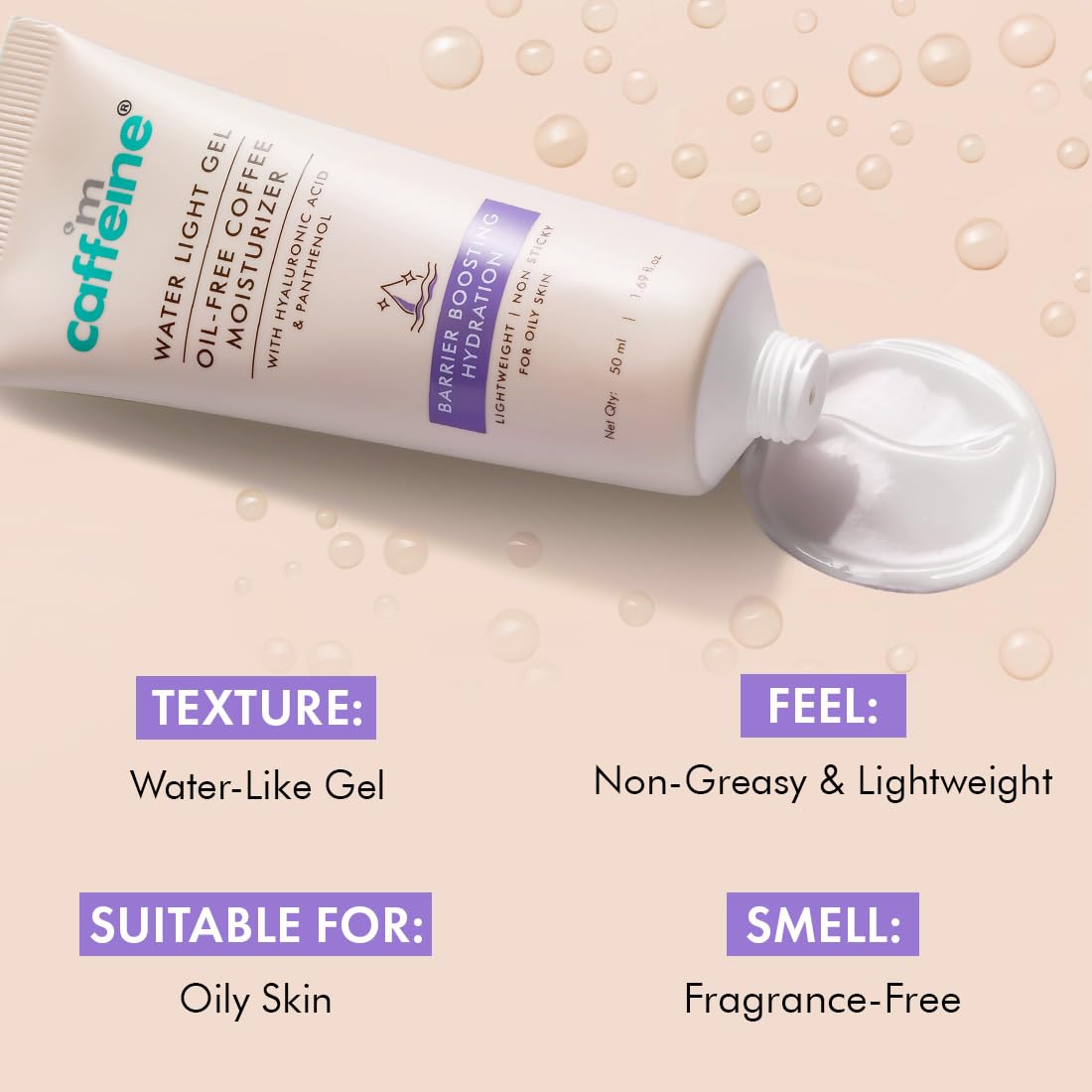 Caffeine water light gel oil-free moisturizer with text describing its properties on a beige background.
