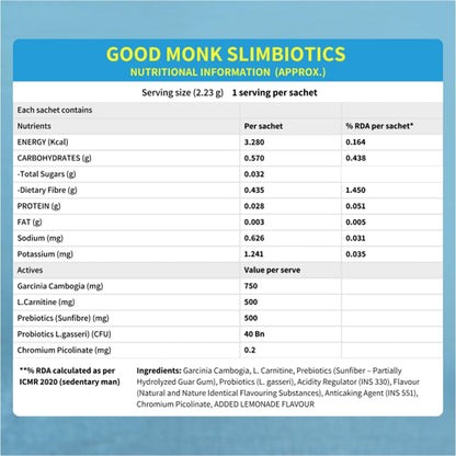 Good Monk Slimbiotics with Garcinia Cambogia, L-Carnitine, Prebiotics & 40 Bn CFU Probiotics | Weight Loss for Women & Men | Boosts Metabolism & Reduces Cravings Naturally | 30 Days Pack