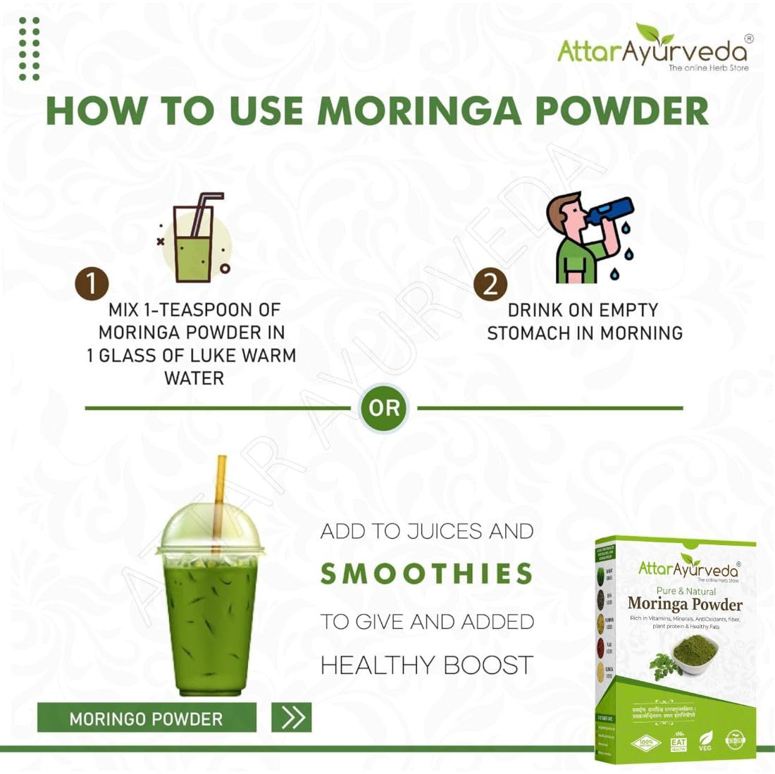Instructions on how to use Moringa powder from Attar Ayurveda, including mixing with water and adding to smoothies.