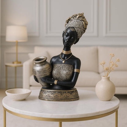 African Lady Statue with Pot for Table Décor | Home Décor (Pack of 1, Black,Silver & Golden)