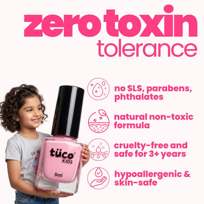 Child holding a pink nail polish bottle with 'tuco' branding, featuring zero toxin tolerance claims on a white background.