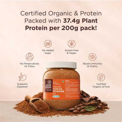 Pure & Sure Organic Cocoa Powder 200G | 100% Pure & Natural with 18.7g Protein| Unsweetened & Dark Flavor | Ideal for Cake, Baking, Hot Chocolate, Milkshake & More