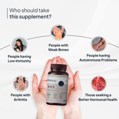 Miduty Vitamin ADK Multivitamin Contains Vitamin A - D3 - K1 - K2 Immunity Booster, Bone Strength, Healthy Heart Vitamin ADK Supplement For Men and Women - 30 Capsules