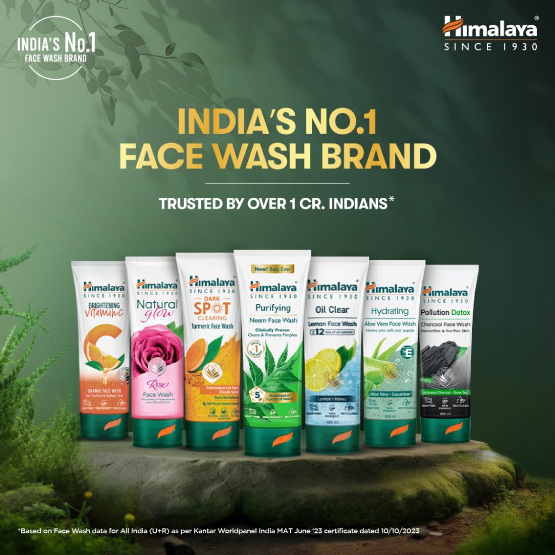 Himalaya face wash products with branding and text on a green background
