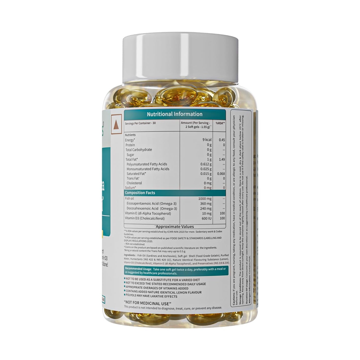 Neuherbs Mini Deep Sea Omega 3 Fish Oil Capsules 1000mg Supplement | EPA - 360mg, DHA - 240mg | With Vitamin E & D3 | Suppots Heart, Brain, Muscle & Joint Health| Lemon Flavour - 60 Softgels