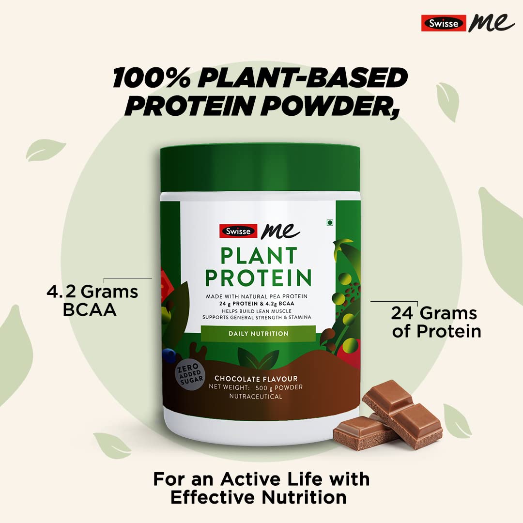 Zephivo SwisseMe Plant Protein - Zero Added Sugar, 24g Vegan Pea Protein For Post Workout Recovery, Lean Muscle Building, Strength & Stamina (Chocolate Flavor, 500g)
