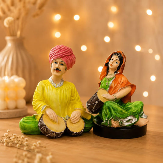 Rajasthani Traditional Musical Couple Resin Statues for Home Decor (Pack of 2, Multicolor)