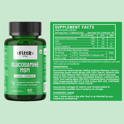 FittR Bites Glucosamine Tablets for Joint Support Supplement| with MSM Calcium & Vitamin D3 | Cartilage and Bone Health supplement, 60 Tablets, (Pack of 1, 60)